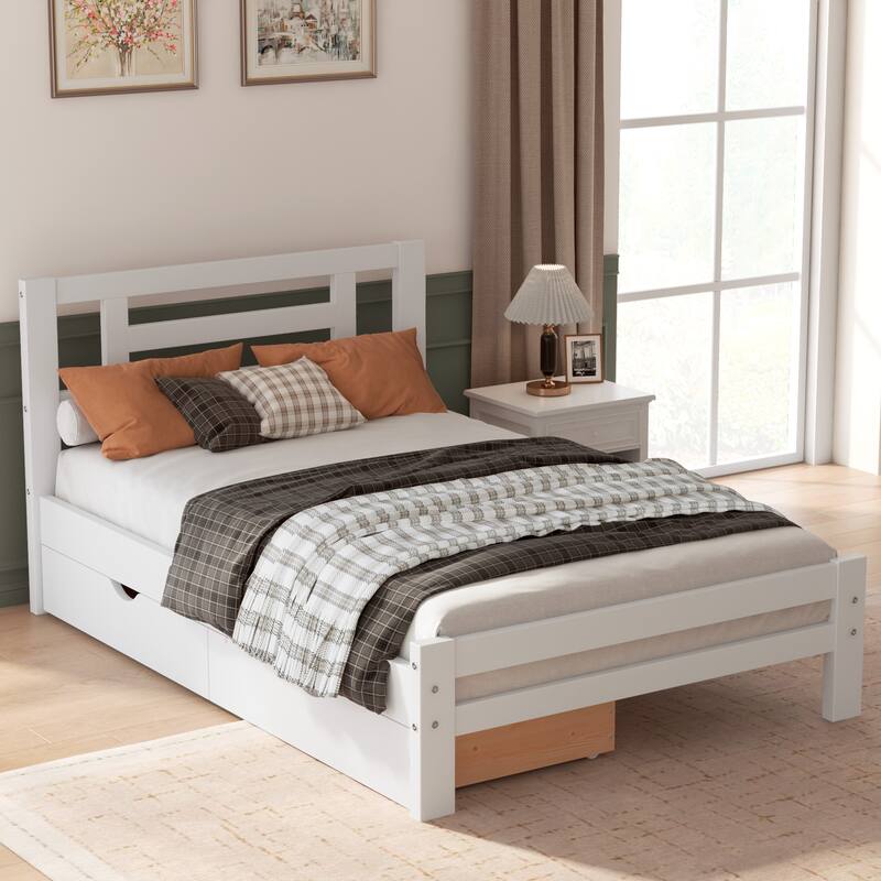 Twin Size Bed Frame Wood Platform Bed Frame with Headboard and 2 Storage Drawers/Wooden Slat Support/No Box Spring Needed/White - White - Twin