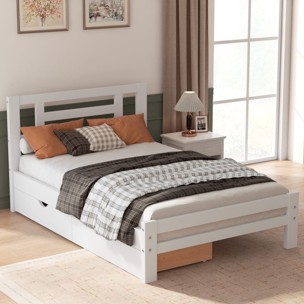 Twin Size Bed Frame Wood Platform Bed Frame with Headboard and 2 Storage Drawers/Wooden Slat Support/No Box Spring Needed/White