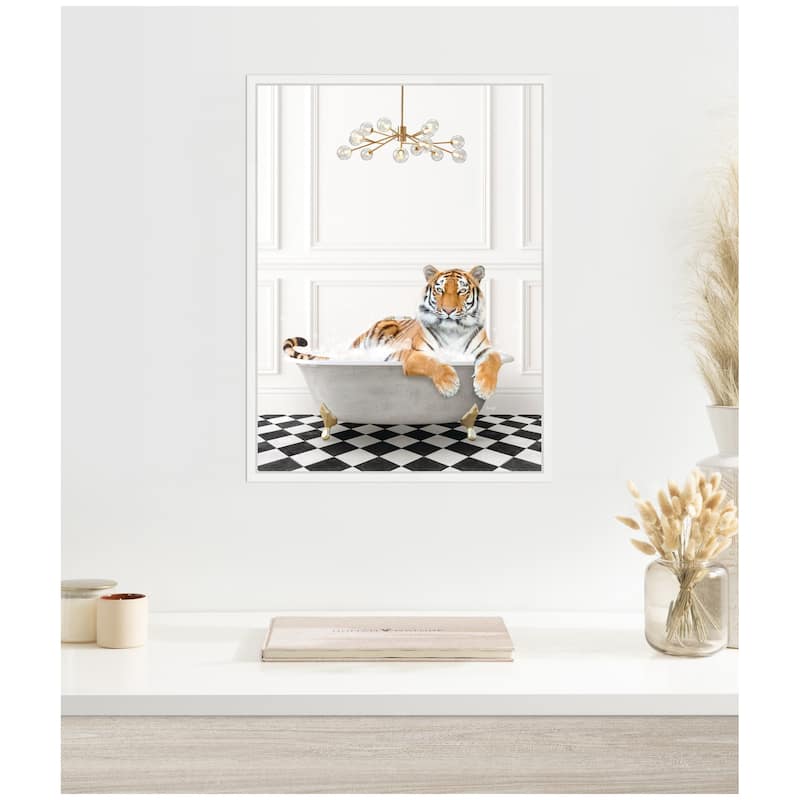 Kate and Laurel Sylvie Tiger in Gray Bathtub Checker Floor Framed Canvas by Amy Peterson
