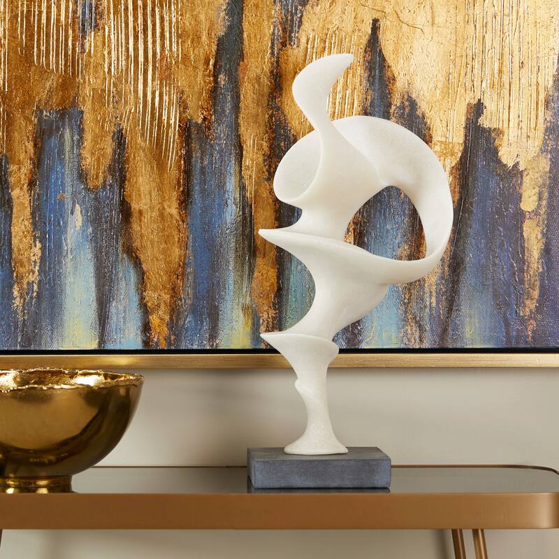 Contemporary White Polystone Abstract Sculpture with Black Base