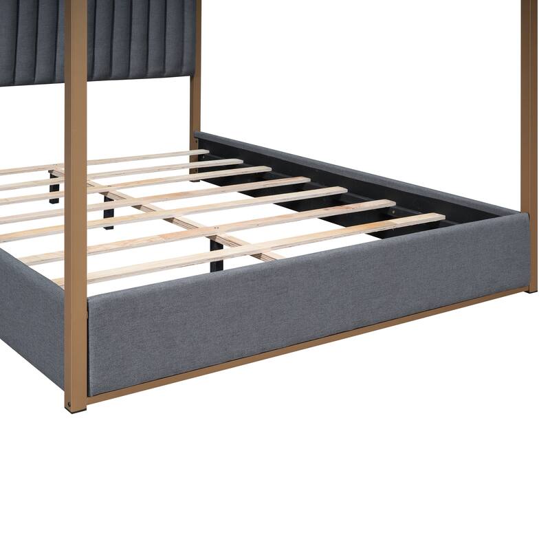 Queen Upholstered Canopy Bed with Headboard, Metal Frame, and Linen Upholstery, 4-Poster Modern Design, Easy Assembly