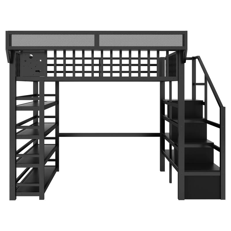 Full Size Metal Loft Bed with Charging Station and 4-Shelf Storage, Kids & Teens Loft Bed with Storage Stairs