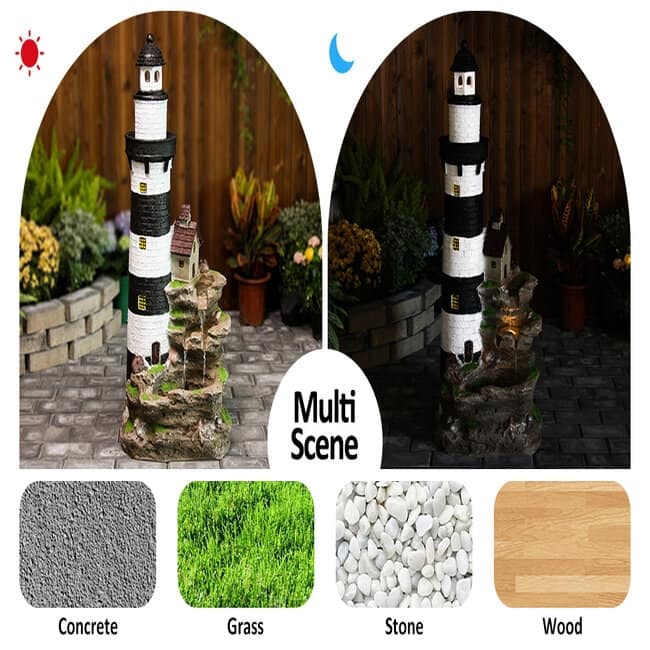 3-Tier Lighthouse Floor Waterfall Fountain with LED Lights for Outdoor Decor