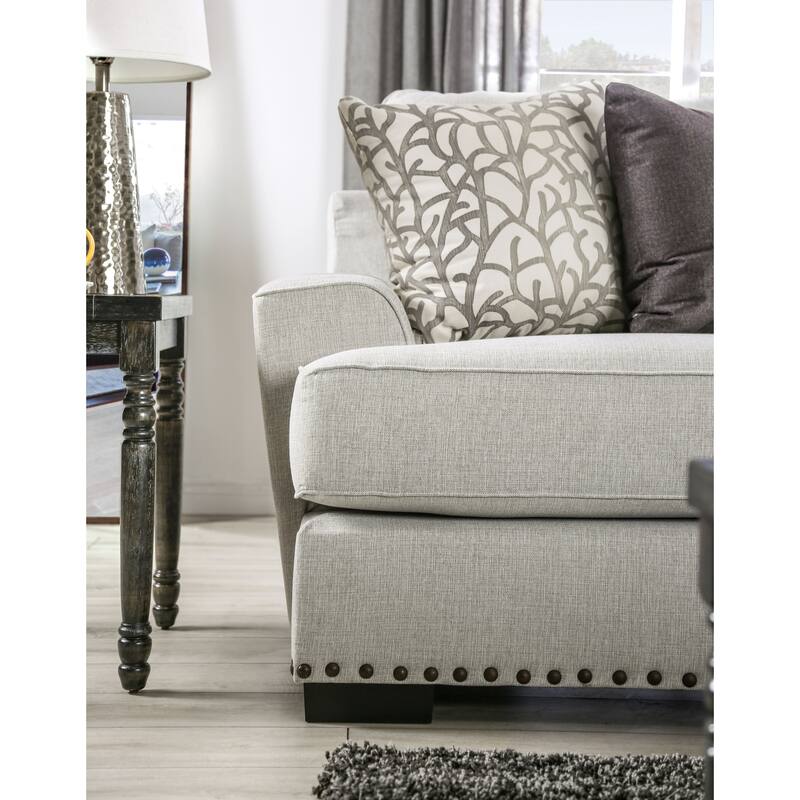 Bule Transitional Light Grey Upholstered Nailhead Loveseat with Pillows by Furniture of America
