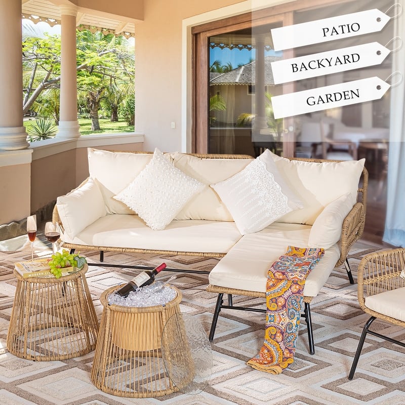6-Piece Boho Wicker Patio Furniture Set, L-Shaped Sectional Sofa with Ice Bucket, 500 lbs Capacity Outdoor Conversation Set