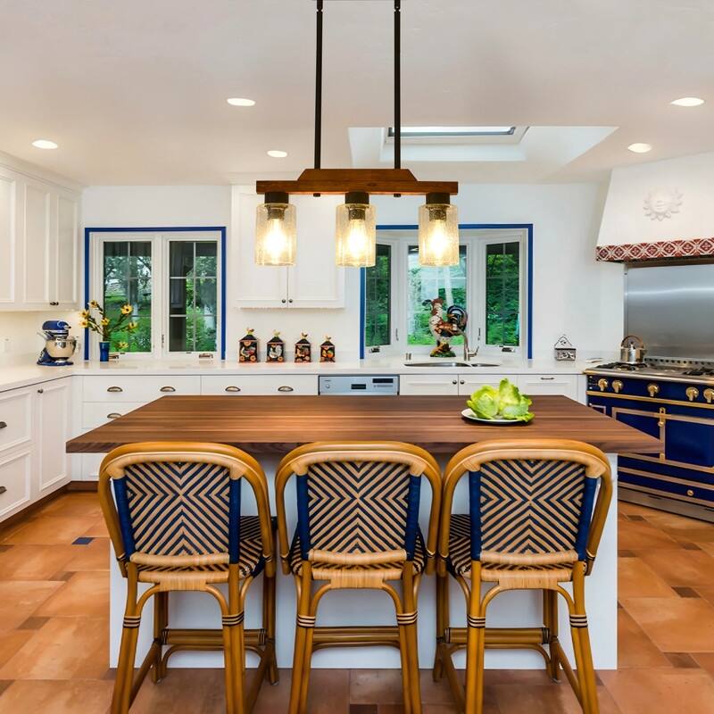 Farmhouse Chandelier for Dining Room Kitchen Island Rustic Wood Linear Pendant Light with Seed Glass Shade