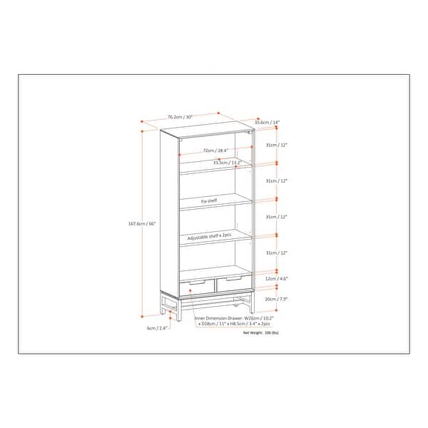 dimension image slide 0 of 2, WYNDENHALL Devlin SOLID HARDWOOD and Metal 66x30 inch Rectangle Industrial Bookcase - 30"w x 14"d x 66" h