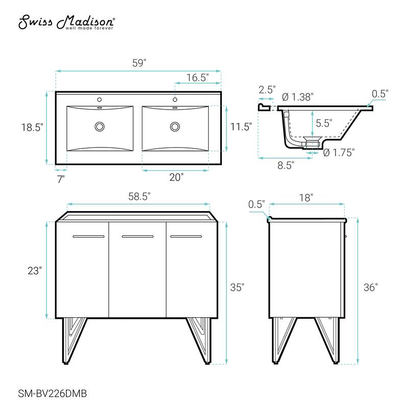 Annecy 60 In. Black Walnut, Double Basin Bathroom Vanity With Black ArtificialStone Sink Top