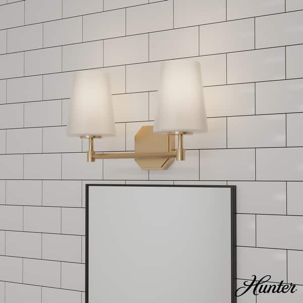 slide 2 of 13, Hunter Nolita Vanity Wall Light - Bathroom - Contemporary, Transitional - White Glass Shades - Damp Rated! 16" 2 Light - Alturas Gold