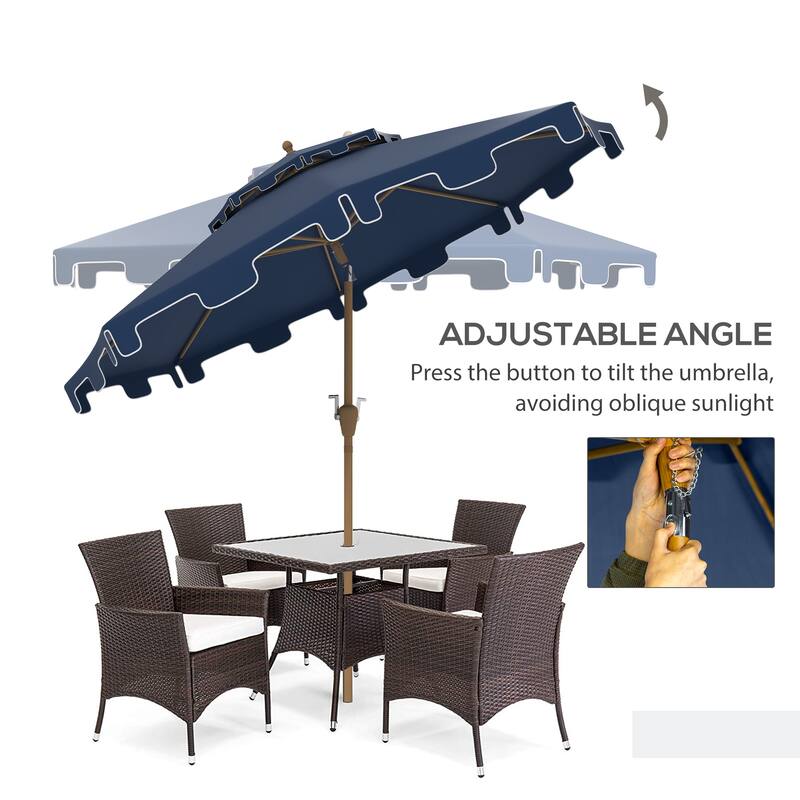 9' Patio Umbrella with Push Button Tilt and Crank, Double Top Ruffled Outdoor Market Table Umbrella with 8 Ribs