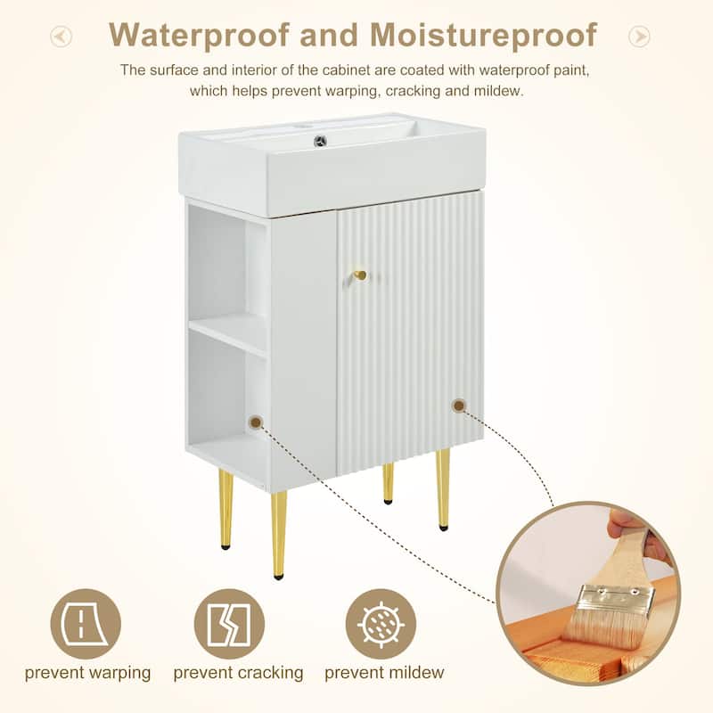 21.6" White Bathroom Vanity with Ceramic Sink Freestanding Cabinet Left Side Storage and Soft Close Door