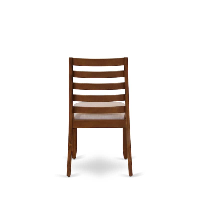 East West Furniture Dining Table Set consists of a Round Table and stackable Chair, Antique Walnut (Pieces & Seat Options)