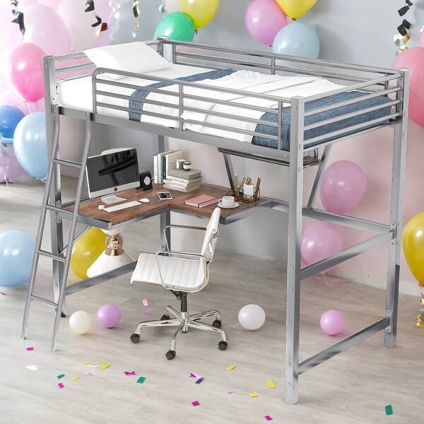 slide 2 of 12, Twin Loft Bed with Desk and Shelf Silver