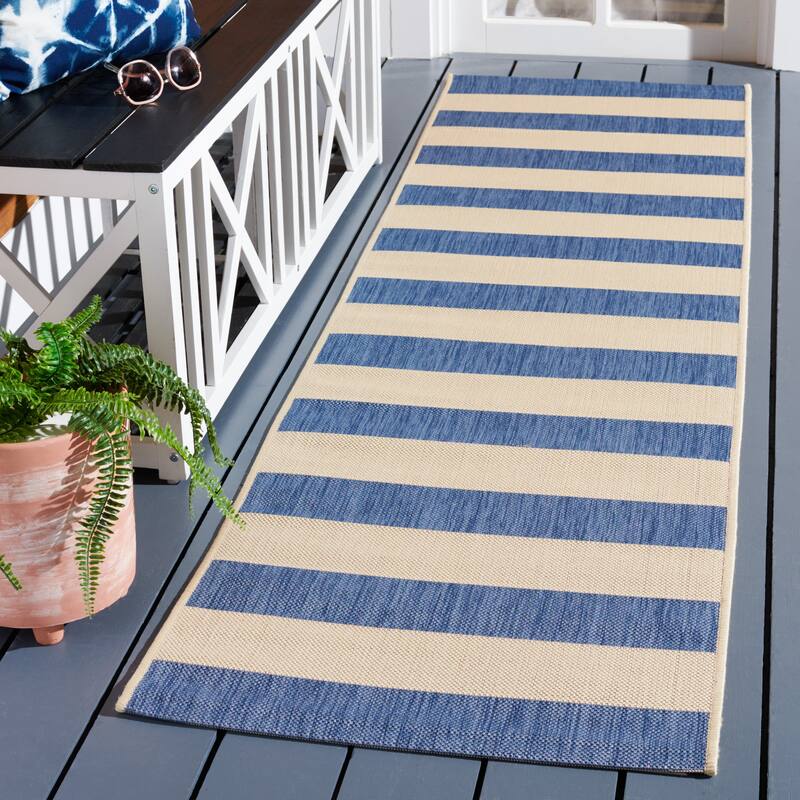SAFAVIEH Courtyard Maysa Indoor/ Outdoor Waterproof Backyard Patio Rug - 2'3" x 8' Runner - Beige/Blue