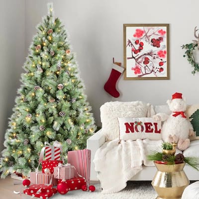 6FT Christmas Tree with 300 Warm White LED Lights-988 PVC & Hard Needle Tips, 66 Pine Cones,Hinged Branch Design