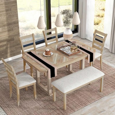 6 PCS Rubber Wood Dining Table Set for 6-Wood Grain Top, Solid Wood Veneer, and Cushioned Seats