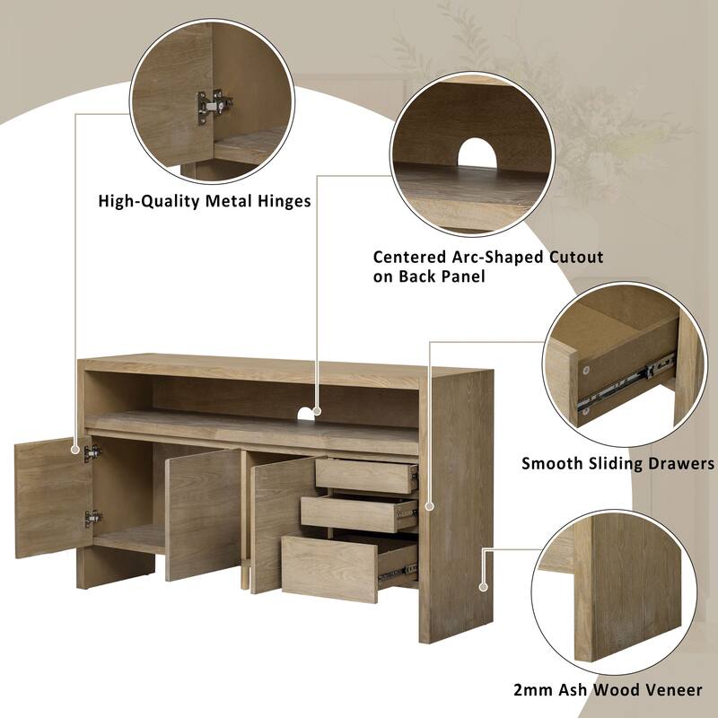 60" 3-Door Sideboard with 3 Drawers-Ash Veneer MDF Sideboard,Semi-Open Shelf，Center Semi-Circular Cutout,Storage Cabinet