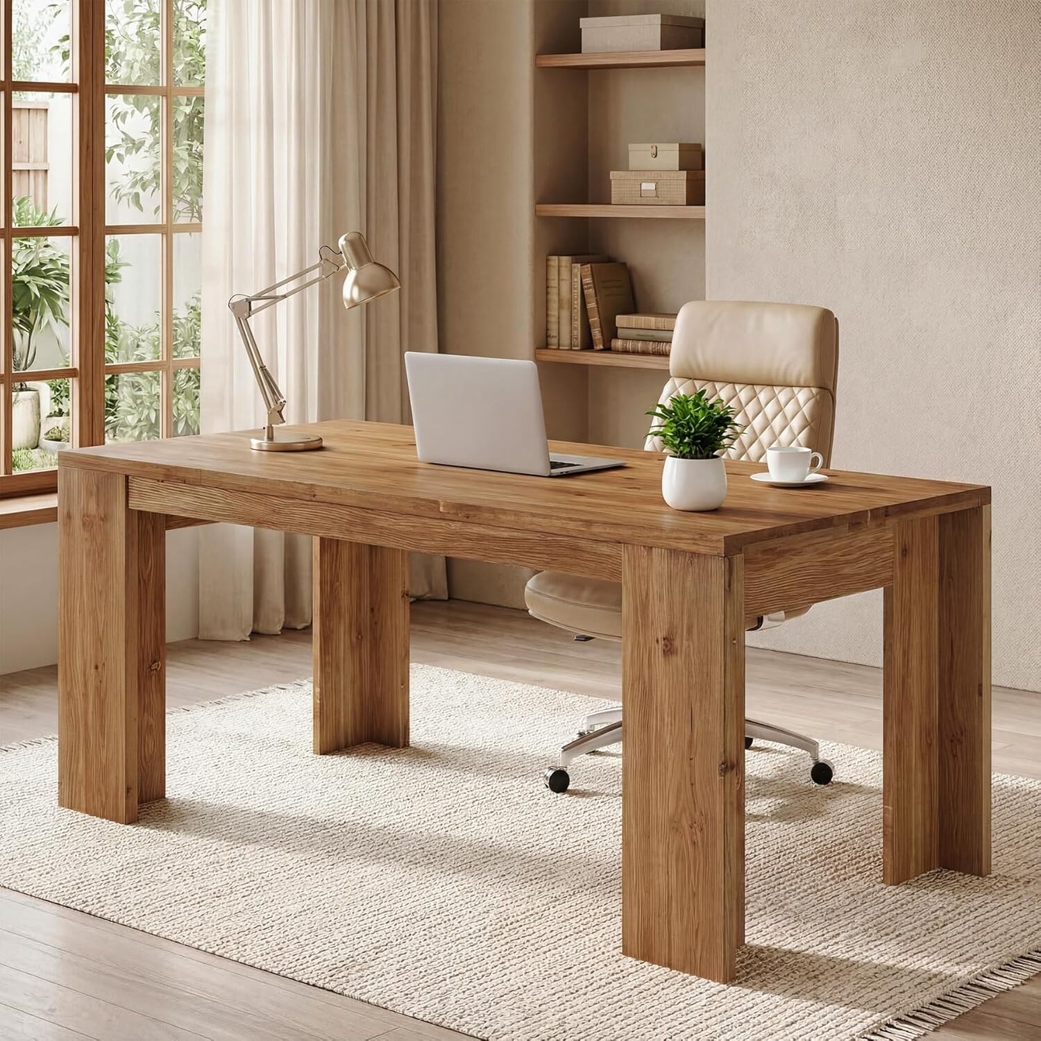 63-Inch Solid Wood Executive Desk, Rustic Farmhouse Thick Wooden