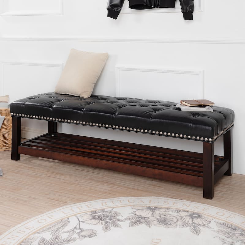 Christopher Knight Home - Florian Tufted Upholstered End of Bed Bench with Nailhead Trim and Shelf