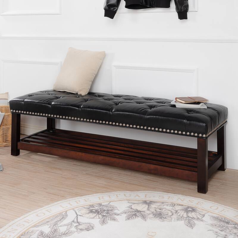 Comfortable Ottoman Bench Upholstered Seat with Solid Wood Frame, Entryway Footrest Seat with One Shelf at Bottom