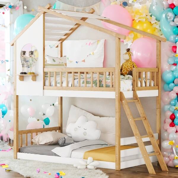 slide 2 of 27, House Roof Design Twin Over Full Bunk Bed with Ladder Natural