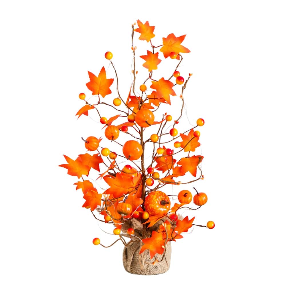 Pre-Lit Autumn Maple Artificial Fall Tree with Pumpkin Ornaments - 18" - Warm White LED String Lights