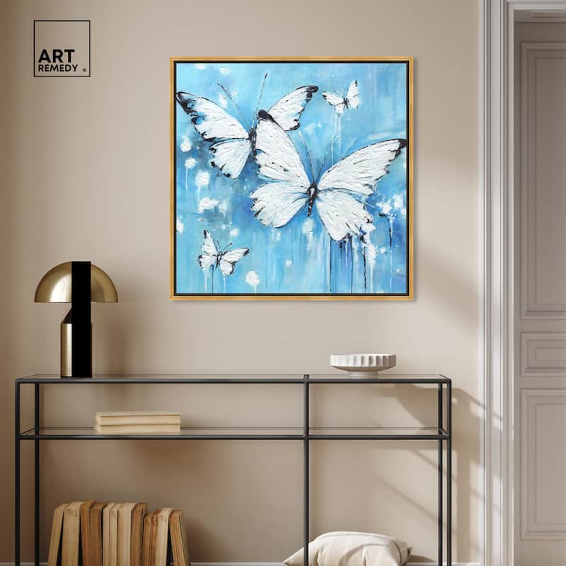 Art Remedy Textured Blue Butterflies Framed Butterfly 1 Piece Canvas Wall Art