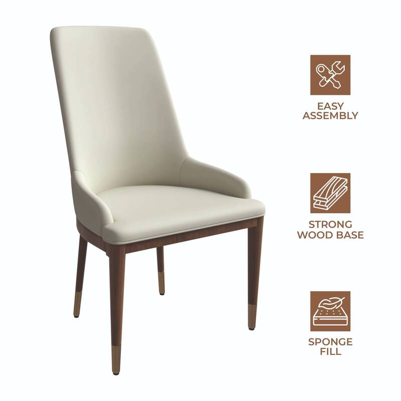 Dining Chair Upholstered in Leather with Rubberwood Frame Set of 2 Side Chair High Back and Gold Accent Legs