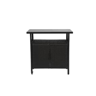 Outdoor Wicker Bar cart, Patio Wine Serving cart w/Wheels , Rolling Rattan Beverage Bar Counter Table w/Glass Top