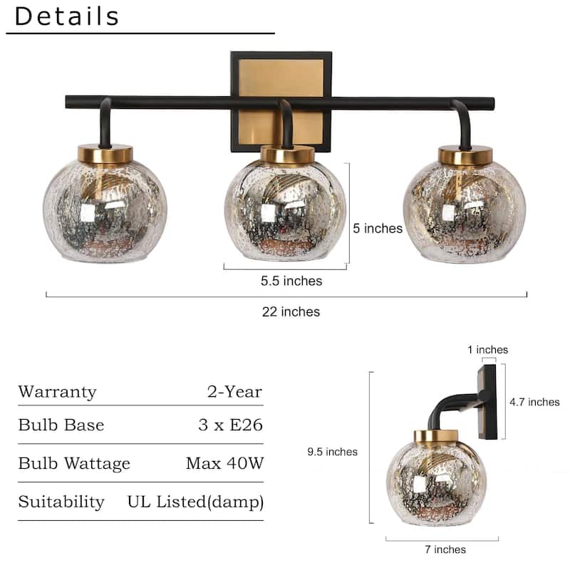 Ziv Modern 3-Light Black Gold Bathroom Vanity Lights with Mercury Globe Glass Shades