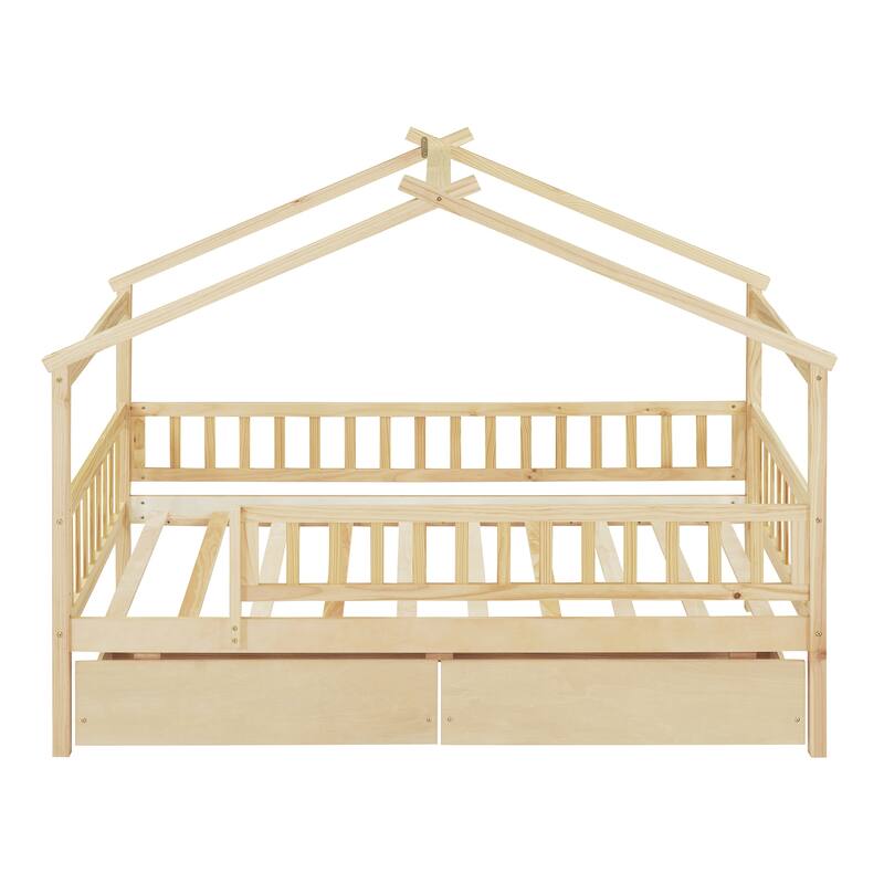 Wooden Twin Size House Bed Frame with 2 Drawers, Kids Playhouse Beds, Solid Pine Twin Creativity House Bed with Roof and Fence