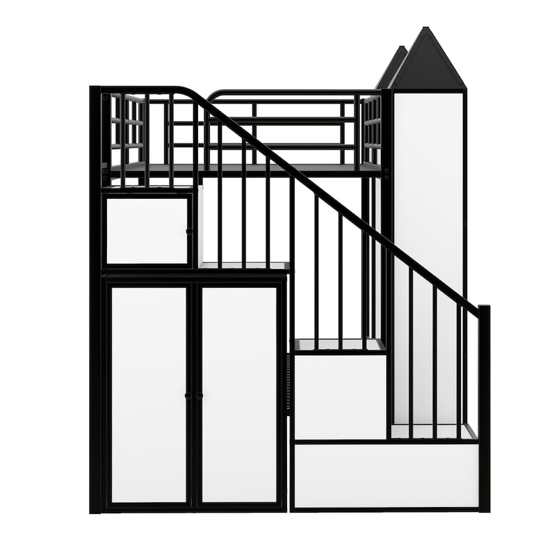 Metal Twin Over Twin Castle-Shaped Bunk Bed - with Wardrobe & Multiple Storage