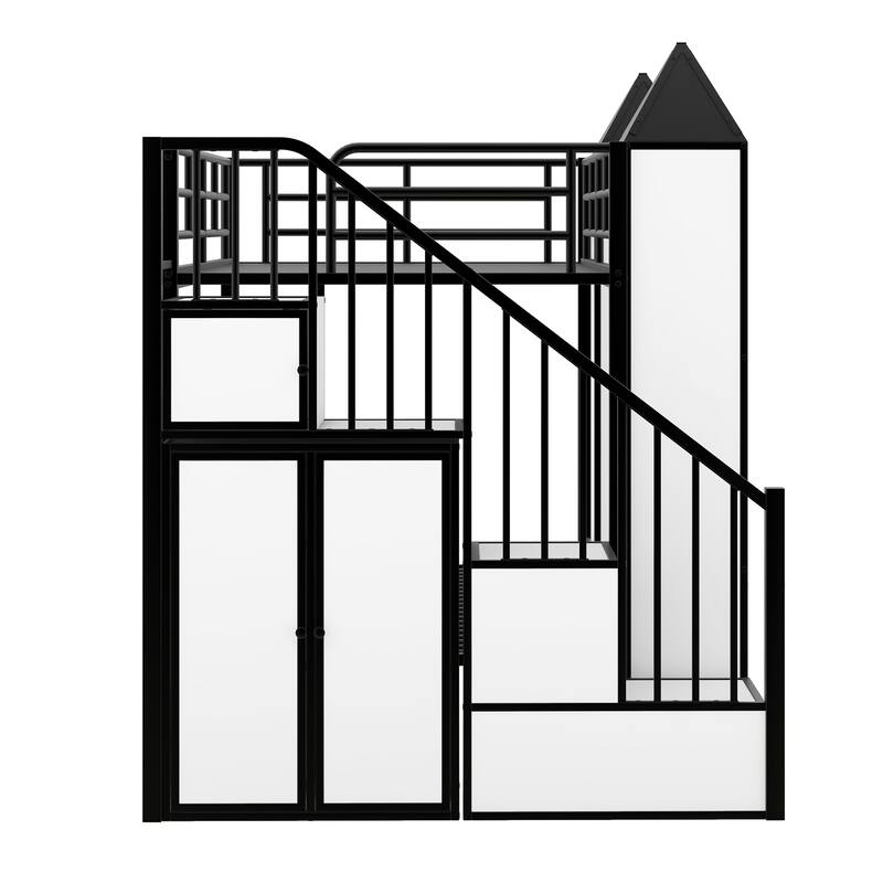 Twin Metal Castle Bunk Bed with Wardrobe, Staircase, and Cabinets
