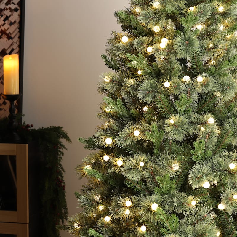Glitzhome 7.5ft/9ft Pre-Lit Green Slim Pine Artificial Christmas Tree with Foot Pedal & Remote Control