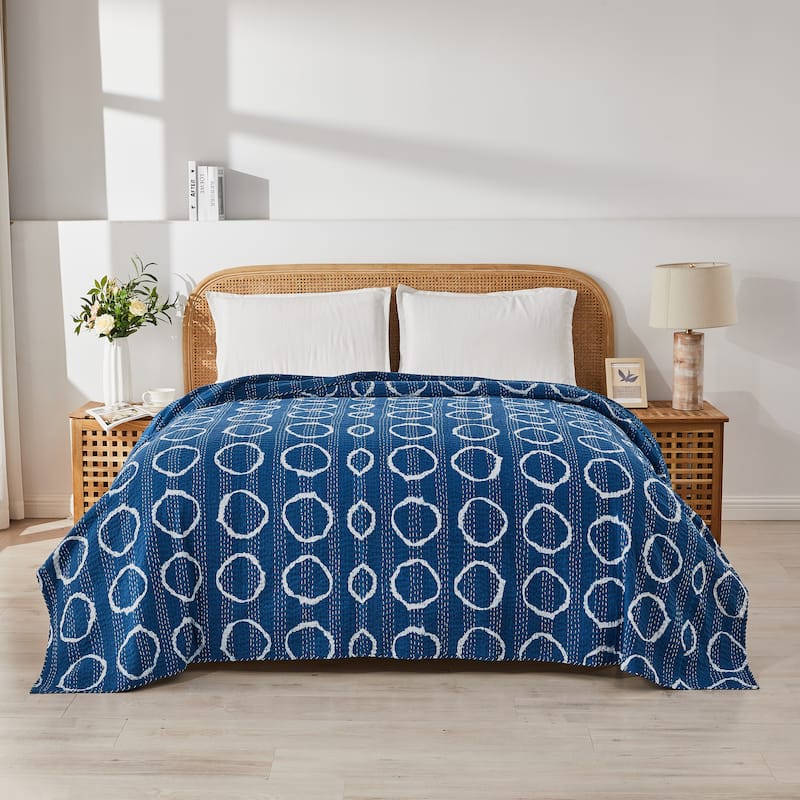 Melange Hand Stitched Kantha Block Print Circle Coverlets and Shams - Coverlet Only - King - 1 Piece