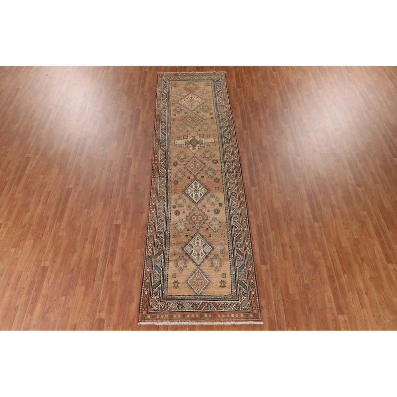 Geometric Heriz Persian Vintage Runner Rug Handmade Wool Carpet - 3'9"x 13'1"