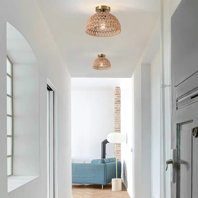 Handmade Woven Paper Rope Dome Boho Semi Flush Mount Ceiling Light