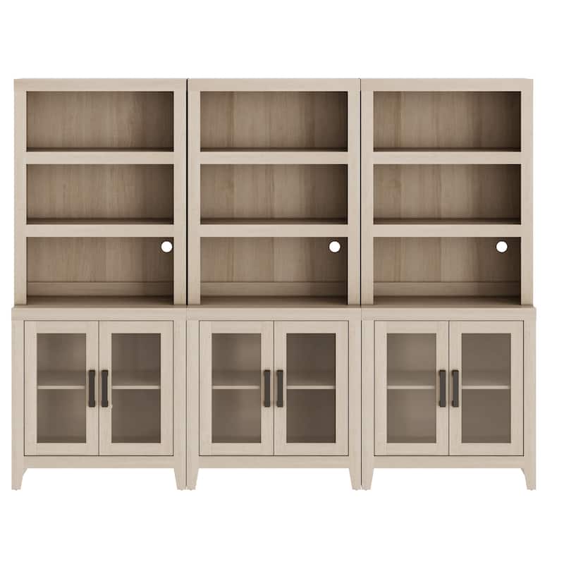 WAMPAT 3 Tier Bookshelf with Glass Door, 74" Tall Bookcase with Adjustable Shelf and Storage Cabinet, Farmhouse Wooden Bookshelf