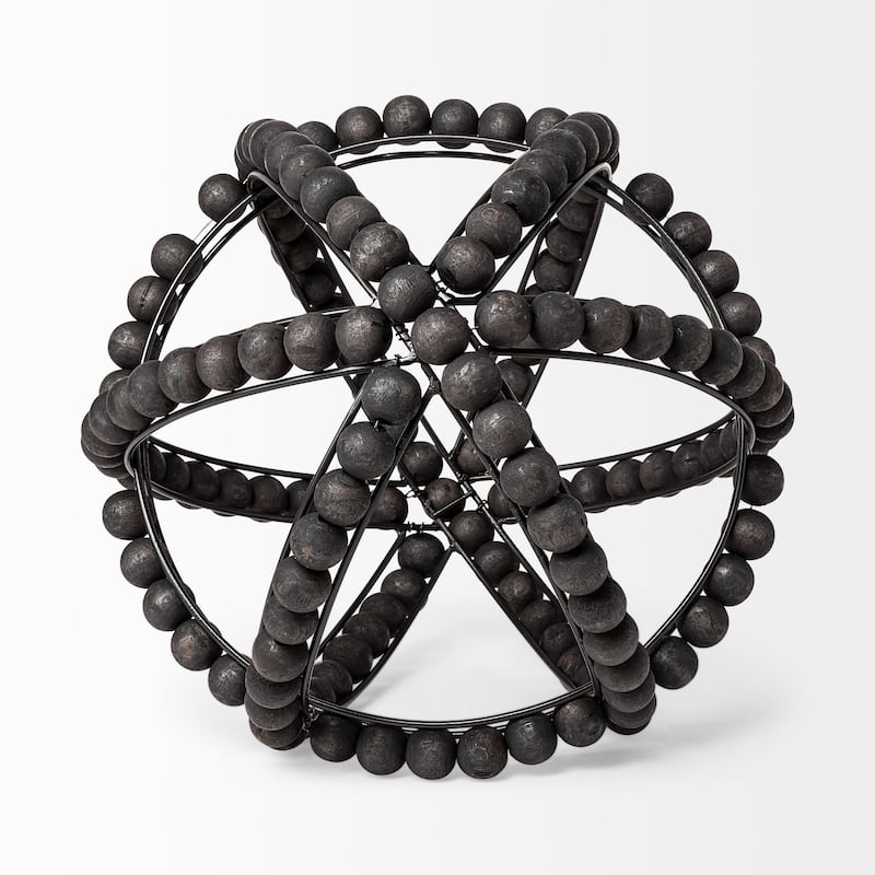 Black Wooden Bead and Metal Orb Sculpture