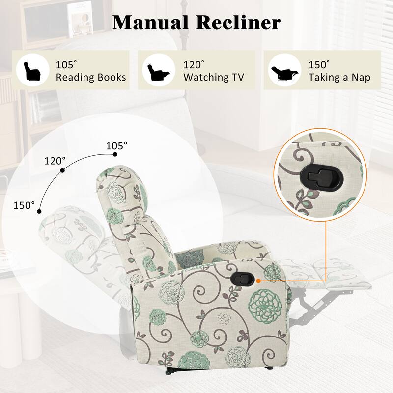 Manual Upholstered Recliner Chair, Modern Recliner Adjustable Single Sofa Chair, High Back Lounge Chairs for Living Room