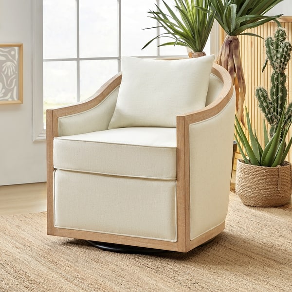 slide 2 of 10, HULALA HOME Paul Jess Farmhouse Solid Wood Edging Swivel Barrel Chair with Fully Assembled and a Pillow Ivory