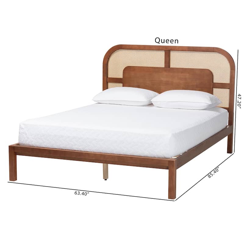 Raewyn Wood Platform Bed - Low Profile Bed Frame with Decorative Rattan Weave Inlay and Rounded Headboard, Queen