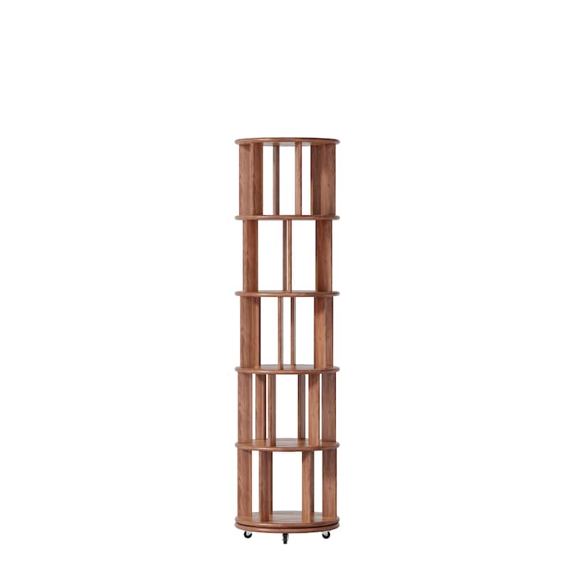 100%Solid Wood Rotating Bookshelf on Wheels,5 Tier, Round Revolving Bookcase, 360°Spinning Book Shelf Tower, Narrow Bookshelves - Walnut