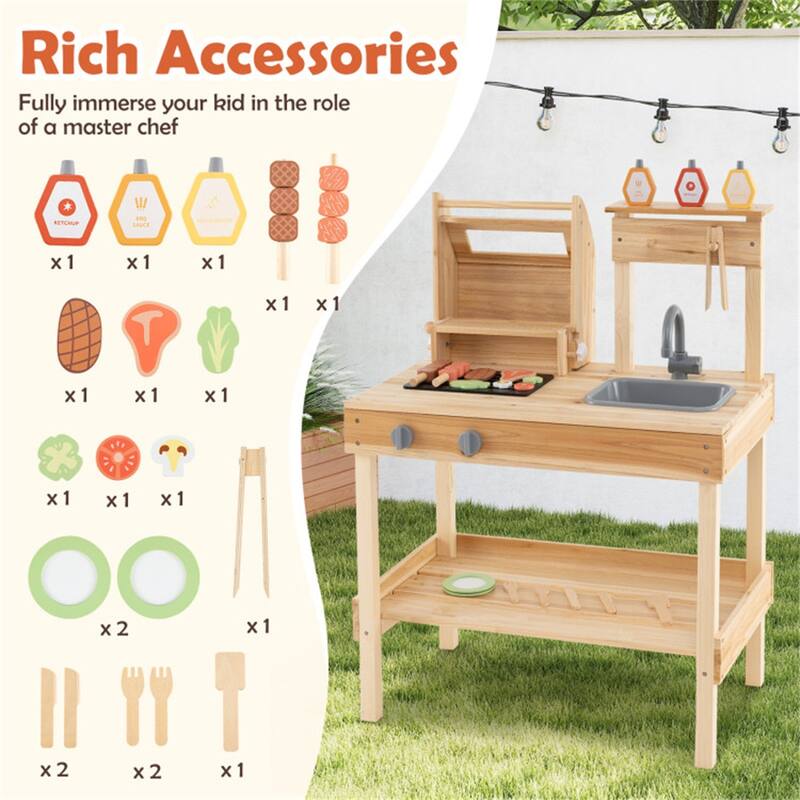 Kids Wooden BBQ Grill Playset with Sink Storage and Utensils Natural Outdoor Pretend Cooking Toy for Ages 3 and Up