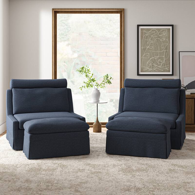 Flo Modern 45" W Oversized Slipcovered Accent Chair with Wheels and Ottoman Set of 2 by HULALA HOME - Navy