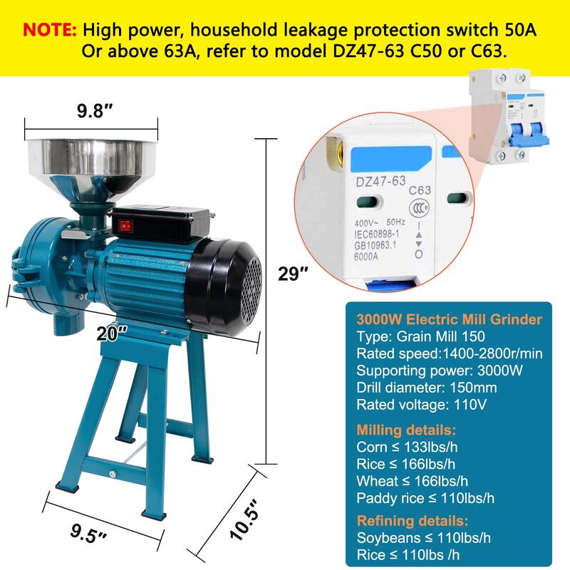 DoCred Electric Grinder Mill, Wet and Dry Cereals Grinder w/Funnel