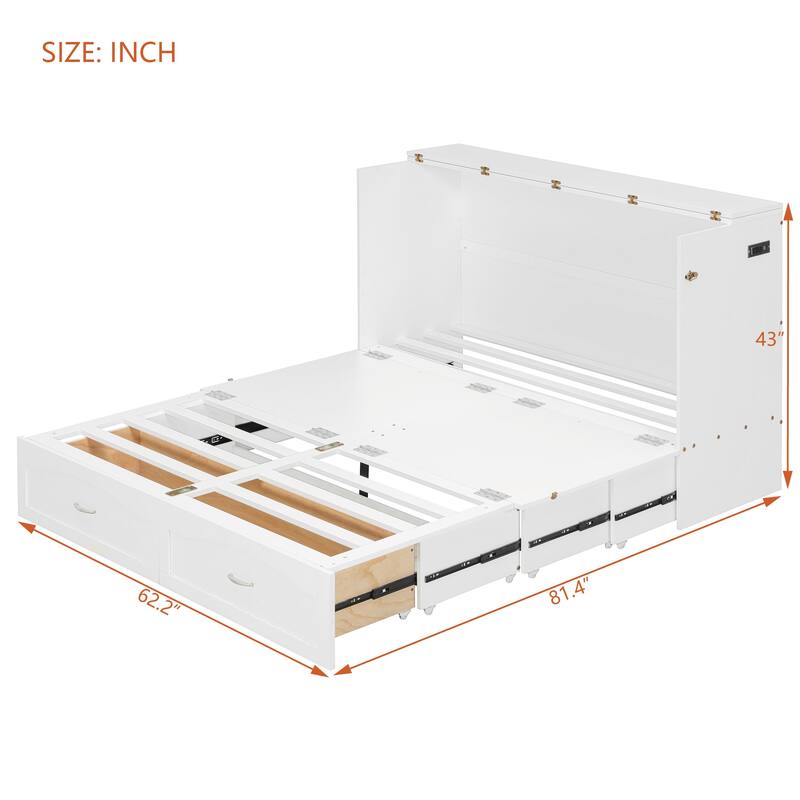 Folding Murphy Bed Queen Size Wall Cabinet Bed with Storage Drawer, Charging Station and Pulley Structure Design