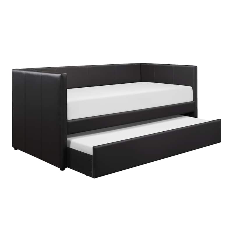 Black Faux Leather Upholstered Contemporary Daybed with Trundle Wooden Furniture 1pc