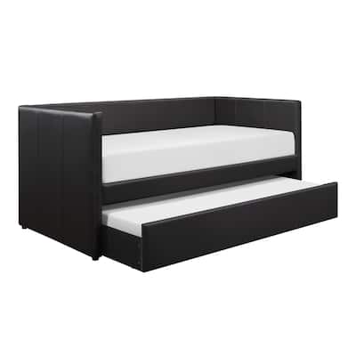 Black Faux Leather Upholstered Contemporary Daybed with Trundle Wooden Furniture 1pc
