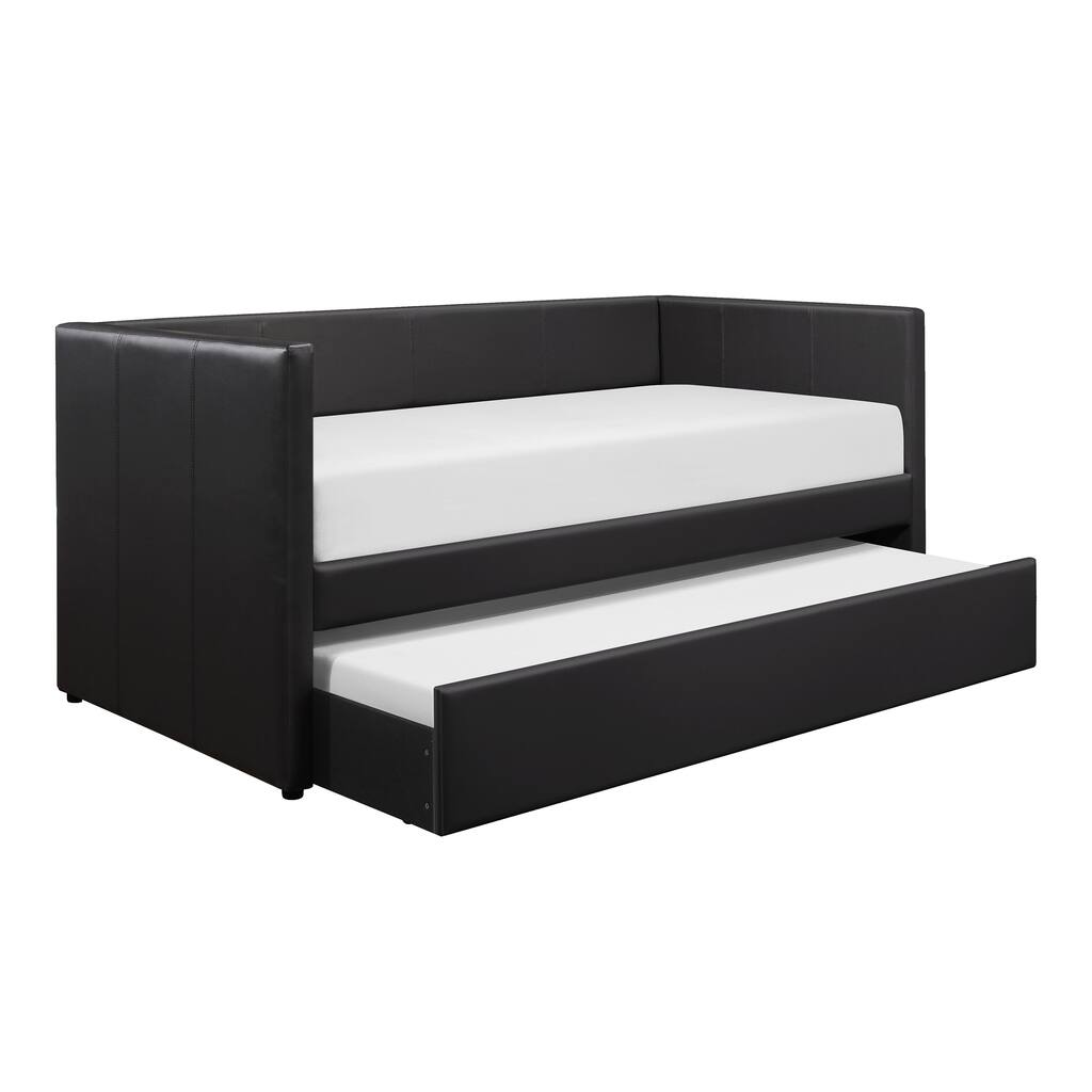 Black Faux Leather Upholstered Contemporary Daybed with Trundle Wooden Furniture 1pc